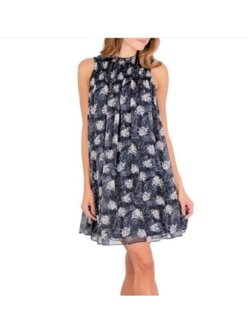 JOIE Dress Women Small Thelen Baltic Blue Floral Mini Swing Trapeze Pleat Ruffle